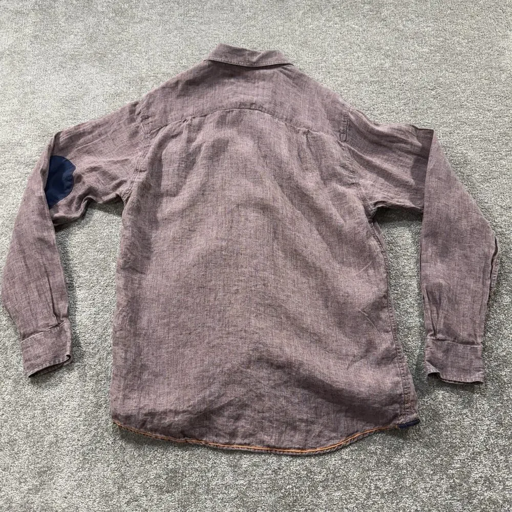 32 Bar Blues Linen Button Shirt S‎ Wine/Burgundy Long Sleeve Elbow Patch Casual